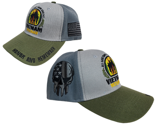 Honor the brave who gave all to defend America's freedom with a Viet Nam Veteran cap sporting a Punisher Skull and American Flag. Get yours today at our Smyrna, TN shop, only a quick 20 minutes from Downtown Nashville.   Color: Gray/Green/Yellow/Red   Embroidered DesignTopstitching Detail    Adjustable Closure  One Size Fits Most