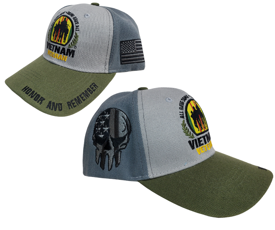 Honor the brave who gave all to defend America's freedom with a Viet Nam Veteran cap sporting a Punisher Skull and American Flag. Get yours today at our Smyrna, TN shop, only a quick 20 minutes from Downtown Nashville.   Color: Gray/Green/Yellow/Red   Embroidered DesignTopstitching Detail    Adjustable Closure  One Size Fits Most