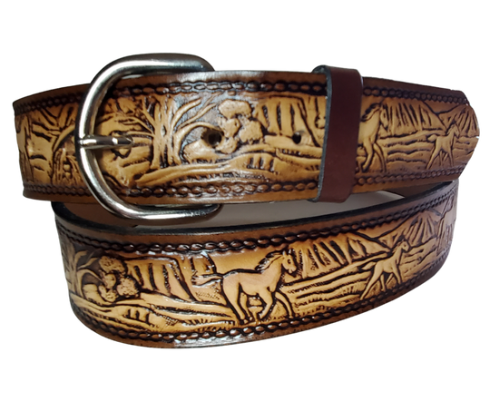 The Stallion leather belt has Horses running in the wild Brown Antiqued finish. Available in a 1 1/2" width. Full grain vegetable tanned cowhide, Width 1 1/2" and includes Nickle plated  buckle Smooth burnished painted edges. Made in USA! For name Type name OR No Name  in "Type Name Here" section.  Buckle snaps in place for easy changing if desired. In stock at our Smyrna, TN shop.