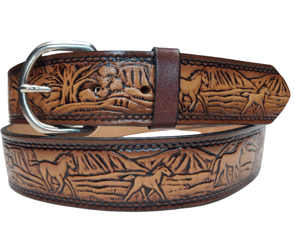 This stylish leather belt features Running Horses artwork that is sure to draw attention. The easy-change metal buckle makes for comfortable wear and makes it easy to adjust for size. Perfect for adding a unique touch to any wardrobe. This belt is stocked in our shop outside Nashville in Smyrna, TN.