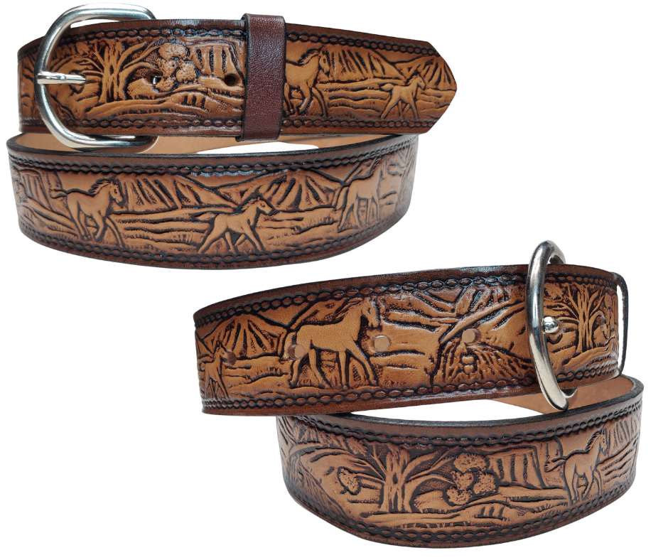 This stylish leather belt features Running Horses artwork that is sure to draw attention. The easy-change metal buckle makes for comfortable wear and makes it easy to adjust for size. Perfect for adding a unique touch to any wardrobe. This belt is stocked in our shop outside Nashville in Smyrna, TN.