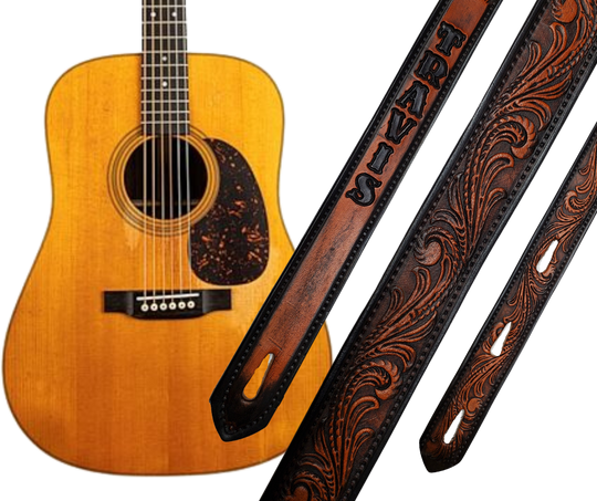 This Guitar Strap is crafted to the same high quality as our Custom belts! It's made of 1/8" thick, vegetable-tanned, drum-dyed cowhide, with beveled and black painted edges, and a unique hand stained finish and a Hand Painted Name. The main strap is one 1 1/2" wide, with a single hole in the front and 3-hole adjustment on the back. We proudly manufacture it in Smyrna, TN - just outside Nashville. 