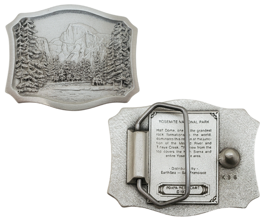 Shield shaped antique silver colored belt buckle with the well known Yosemite National Park scene with a 70's vibe.&nbsp;&nbsp;Available online and at our shop just outside Nashville in Smyrna, TN.