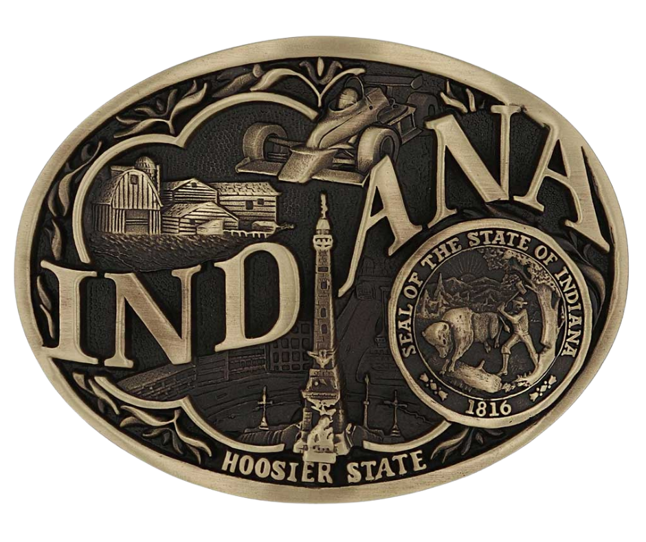 Large lettering spelling out Indiana stretches boldly across, surrounded by a set of antiqued figures in celebration of Indiana heritage including farming, racing, and the state seal. Our cast belt buckles are acid washed to add the dark antiqued patina and hand buffed to bring out the highlights and details. Standard 1.5 inch belt swivel.
Get yours at our local Smyrna ,TN shop.