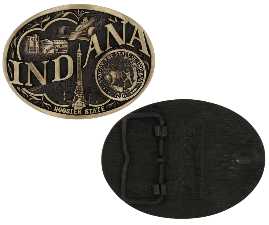 Large lettering spelling out Indiana stretches boldly across, surrounded by a set of antiqued figures in celebration of Indiana heritage including farming, racing, and the state seal. Our cast belt buckles are acid washed to add the dark antiqued patina and hand buffed to bring out the highlights and details. Standard 1.5 inch belt swivel.
Get yours at our local Smyrna ,TN shop.