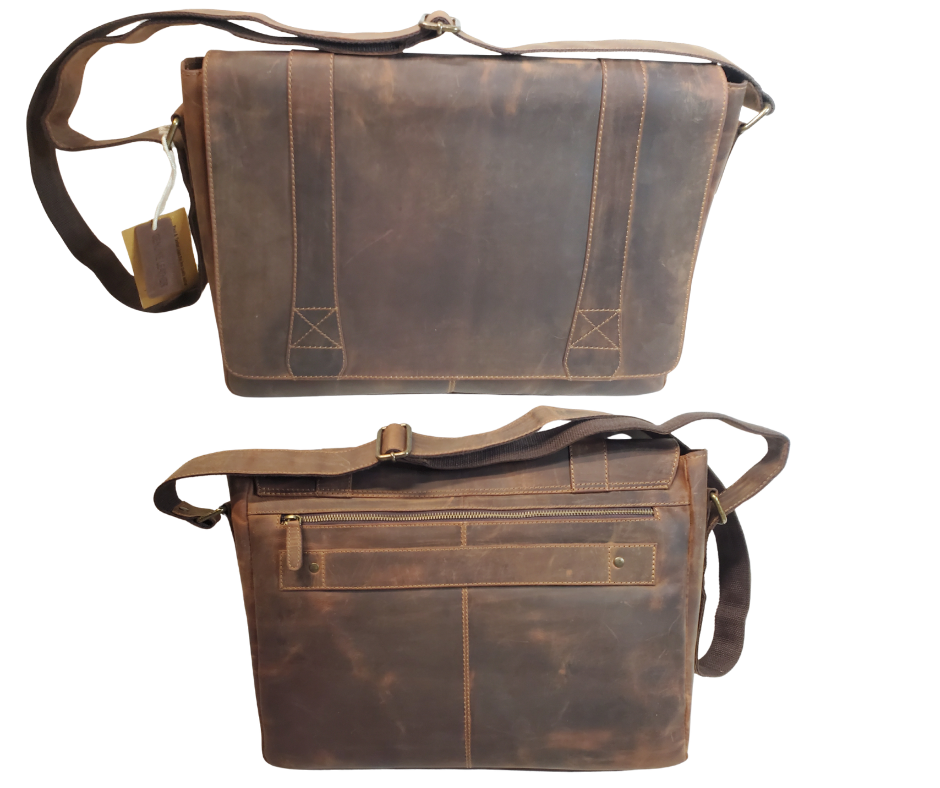 The Intern Leather Messenger Bag is available at our Smyrna, TN shop not far from Nashville. It has a full flap that closes with 2 magnetic catches. The back has a zip & pocket and a back strap to slide on a rolling suitcase. Attached to each side, a leather shoulder strap is & reinforced with cotton webbing. Forward open pocket length of bag is held closed leather strip with magnetic catch. Main compartment zips closed, is lined with a sturdy fabric, has and & inside zip pocket