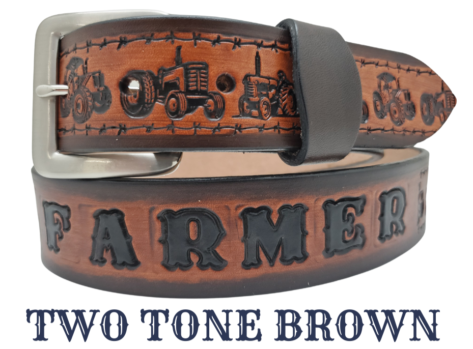 Our 1 1/2" width International Farmster Name Belt is for the one who gets up early and gets it done. Each belt features a unique hand-stained strip of vegetable tanned leather, adorned with a bold and timeless Tractors with a barbwire border. The antique nickel finish solid brass buckle can be effortlessly swapped out and choose from 3 finishes. Crafted by hand at our Smyrna, Tennessee shop, just a stone's throw away from Nashville.