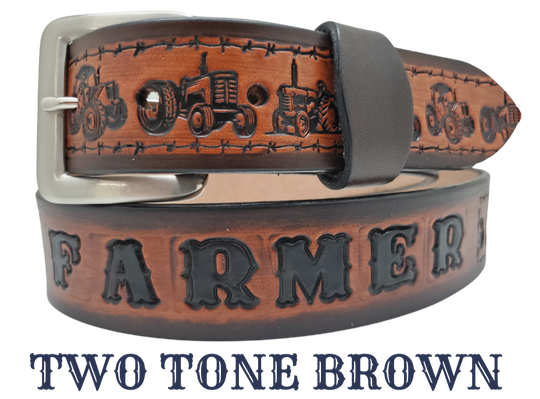 Our 1 1/2" width International Farmster Name Belt is for the one who gets up early and gets it done. Each belt features a unique hand-stained strip of vegetable tanned leather, adorned with a bold and timeless Tractors with a barbwire border. The antique nickel finish solid brass buckle can be effortlessly swapped out and choose from 3 finishes. Crafted by hand at our Smyrna, Tennessee shop, just a stone's throw away from Nashville.