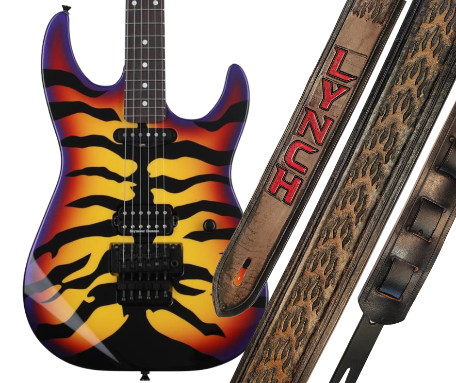 Mr. Lynch is a Icon in shredding guitar world. Lighting fast riffs and licks is why we chose Fire for this strap. The main strap is made from a single strip of Veg tan leather with beveled and painted edges with a embossed Fire pattern.  Choose a 2" or 2 1/2" wide strap with a classic adjustment style. Made just outside Nashville in Smyrna, TN.