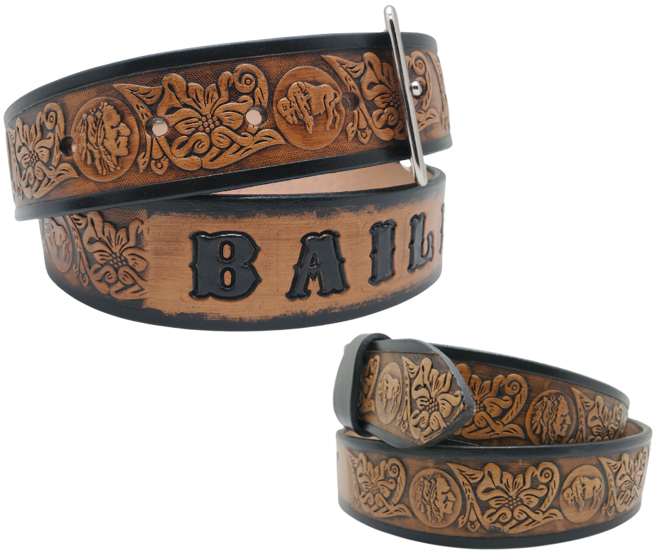 This unique Name Belt features a hand-stained strip of vegetable tanned leather, displaying a Western Scroll design and both sides of the iconic Buffalo Nickel pattern. The antique nickel finish solid brass buckle can be easily changed. Handcrafted in our Smyrna, Tennessee shop, near Nashville.