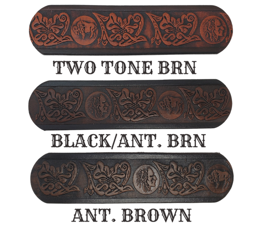 This unique Name Belt features a hand-stained strip of vegetable tanned leather, displaying a Western Scroll design and both sides of the iconic Buffalo Nickel pattern. The antique nickel finish solid brass buckle can be easily changed. Handcrafted in our Smyrna, Tennessee shop, near Nashville.