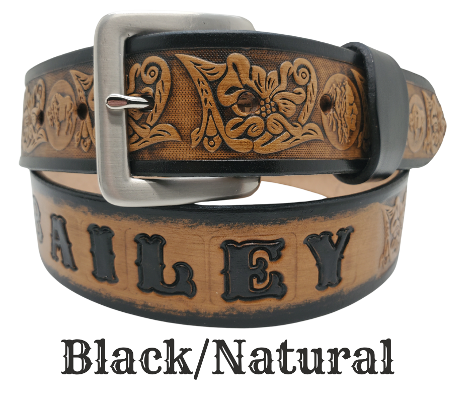 This unique Name Belt features a hand-stained strip of vegetable tanned leather, displaying a Western Scroll design and both sides of the iconic Buffalo Nickel pattern. The antique nickel finish solid brass buckle can be easily changed. Handcrafted in our Smyrna, Tennessee shop, near Nashville.