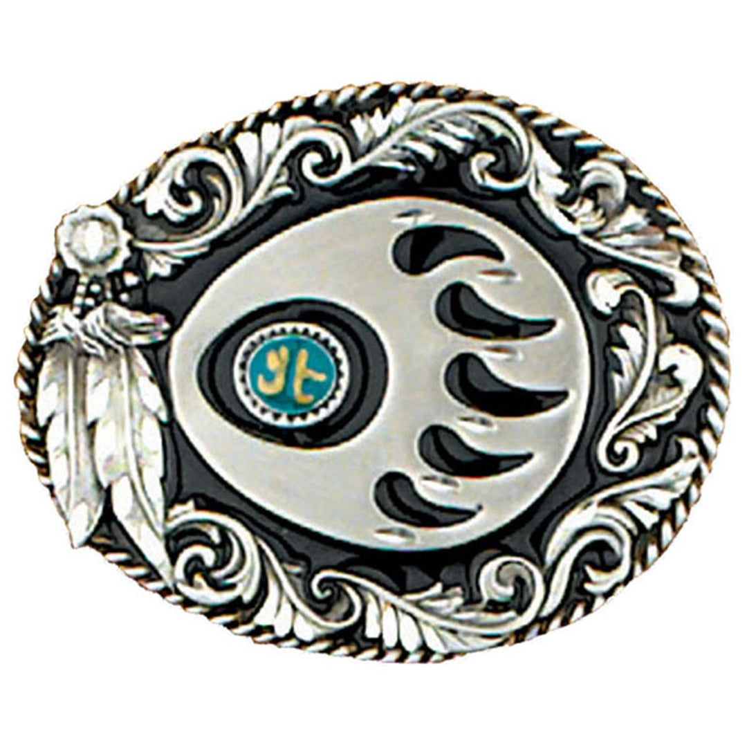 The Native Bear Claw belt buckle, highlighted with enamel and stone chips, perfect for up to 1 3/4" belts. Measuring 3 1/8" by 2-1/2" tall, it's available in our shop located just outside of Nashville in Smyrna, TN.

Solid metal cast Material: Metal alloy
Enamel inlay
Fits up to 1 3/4" belts
USA Made