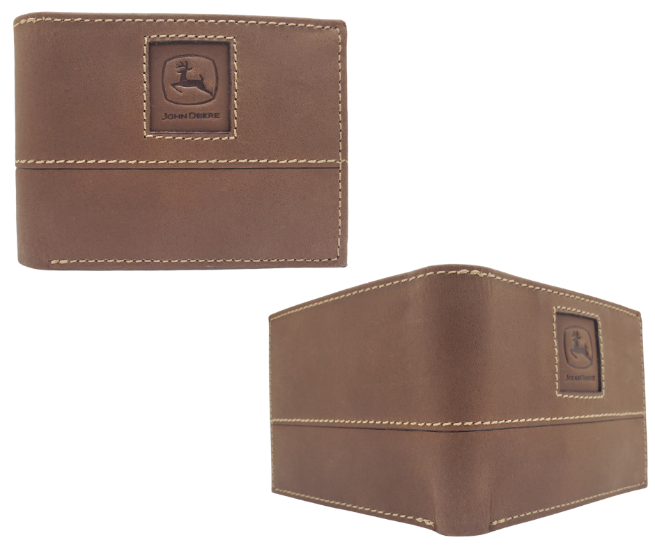 Fully Licensed John Deere Logo Bifold Wallet. Made from Distressed Brown leather with contrast stitched antique white thread. Classic Bifold design with 6 canvas card slots along 2 underside pockets, large cash slot featuring a doubled sided flip style I.D. slots. In stock at our Smyrna, TN retail store 30 min. from downtown Nashville. Imported.