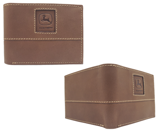 Fully Licensed John Deere Logo Bifold Wallet. Made from Distressed Brown leather with contrast stitched antique white thread. Classic Bifold design with 6 canvas card slots along 2 underside pockets, large cash slot featuring a doubled sided flip style I.D. slots. In stock at our Smyrna, TN retail store 30 min. from downtown Nashville. Imported.