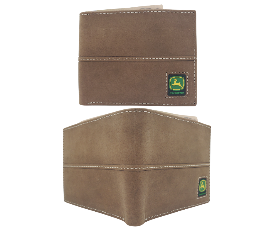 Fully Licensed John Deere Green and Yellow Logo Bifold Wallet. Made from Distressed Brown leather with contrast stitched antique white thread. Classic Bifold design with 6 card slots along 2 underside pockets, and large cash slot. In stock at our Smyrna, TN retail store 30 min. from downtown Nashville.