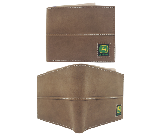 Fully Licensed John Deere Green and Yellow Logo Bifold Wallet. Made from Distressed Brown leather with contrast stitched antique white thread. Classic Bifold design with 6 card slots along 2 underside pockets, and large cash slot. In stock at our Smyrna, TN retail store 30 min. from downtown Nashville.