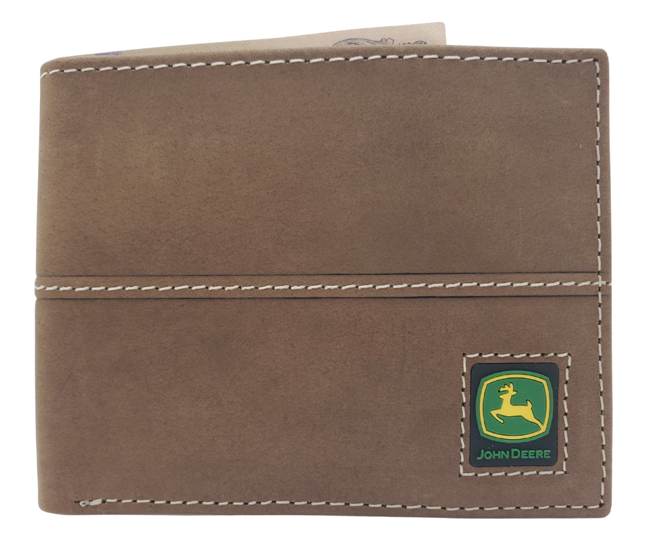 Fully Licensed John Deere Green and Yellow Logo Bifold Wallet. Made from Distressed Brown leather with contrast stitched antique white thread. Classic Bifold design with 6 card slots along 2 underside pockets, and large cash slot. In stock at our Smyrna, TN retail store 30 min. from downtown Nashville.