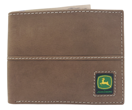 Fully Licensed John Deere Green and Yellow Logo Bifold Wallet. Made from Distressed Brown leather with contrast stitched antique white thread. Classic Bifold design with 6 card slots along 2 underside pockets, and large cash slot. In stock at our Smyrna, TN retail store 30 min. from downtown Nashville.