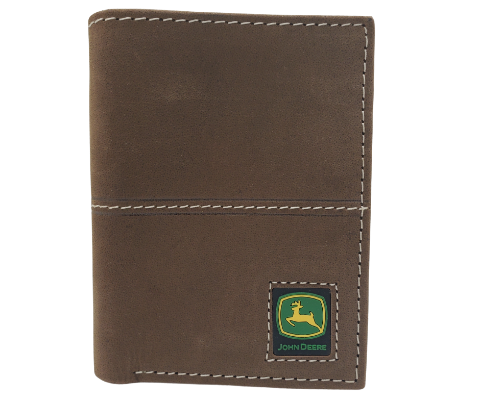 Fully Licensed John Deere Green and Yellow Logo Trifold Wallet. Made from Distressed Brown leather with contrast stitched antique white thread. Classic trifold design with 6 card slots along 2 underside pockets, a I.D. pocket and large cash slot. In stock at our Smyrna, TN retail store 30 min. from downtown Nashville.