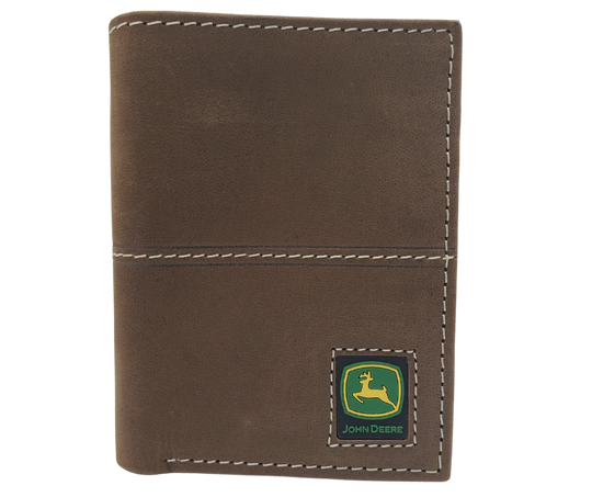 Fully Licensed John Deere Green and Yellow Logo Trifold Wallet. Made from Distressed Brown leather with contrast stitched antique white thread. Classic trifold design with 6 card slots along 2 underside pockets, a I.D. pocket and large cash slot. In stock at our Smyrna, TN retail store 30 min. from downtown Nashville.