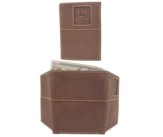 Fully Licensed John Deere Logo Trifold Wallet. Made from Distressed Brown leather with contrast stitched antique white thread. Classic Trifold design with 6 canvas card slots along 2 underside pockets, large cash slot featuring a doubled sided flip style I.D. slots. In stock at our Smyrna, TN retail store 30 min. from downtown Nashville. Imported.