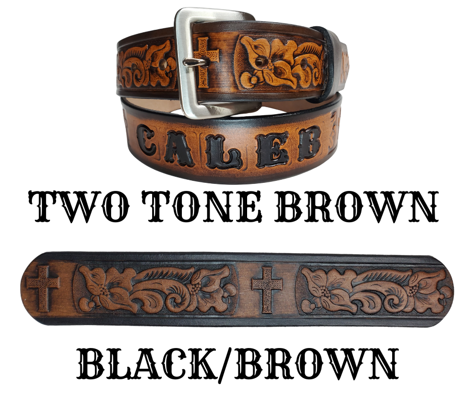 Named after the well known Bible verse...Choose this day whom you will serve! Experience a western-inspired flair with the "Joshua 24:15" Name Leather Belt. Featuring a striking floral pattern and Cross running along its length, you can even customize the name with up to 10 letters. Crafted from 1/8" thick leather and 1 1/2" wide, its Antiqued Solid Buckle Silver is attached with two snaps for an easy change. Take the next step and order yours online or visit our shop in Smyrna, TN, near Nashville.