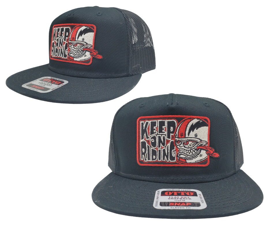 Get ready to ride with the Keep On Riding Bobber Monster Flat Bill Snapback Cap! This trendy cap features a mesh back, structured top to keep its shape, and a bold red embroidered patch that exclaims "Keep on Riding" with a graphic of a fierce Bobber Monster. Available now at our shop just outside Nashville in Smyrna, TN. Are you ready to take on the road in style?