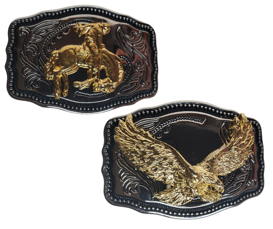 These western buckles are the perfect accessory for kids or adults who wear belts up to 1 1/4" wide. Adorned with a classic western scroll and featuring a gold motif set against a chrome background. Plus, they're compact at just 2 1/2" across by 1 3/4" wide! Shop online or visit our store in Smyrna, TN, near Nashville, to get yours.