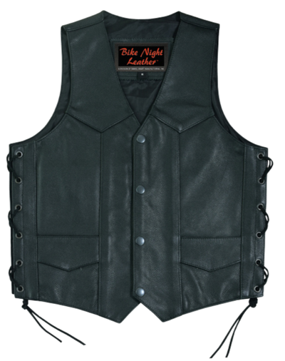 Be just like Mom and Dad in this real leather Kids' vest a traditional V-neck design vest, and side lace on the sides for growing up. Lot's of room for patches on the back too. Visit our leather shop in Smyrna, TN, near Nashville, and choose from sizes small to 5x.