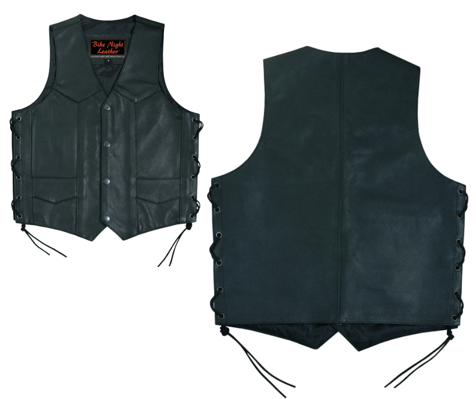 Be just like Mom and Dad in this real leather Kids' vest a traditional V-neck design vest, and side lace on the sides for growing up. Lot's of room for patches on the back too. Visit our leather shop in Smyrna, TN, near Nashville, and choose from sizes small to 5x.