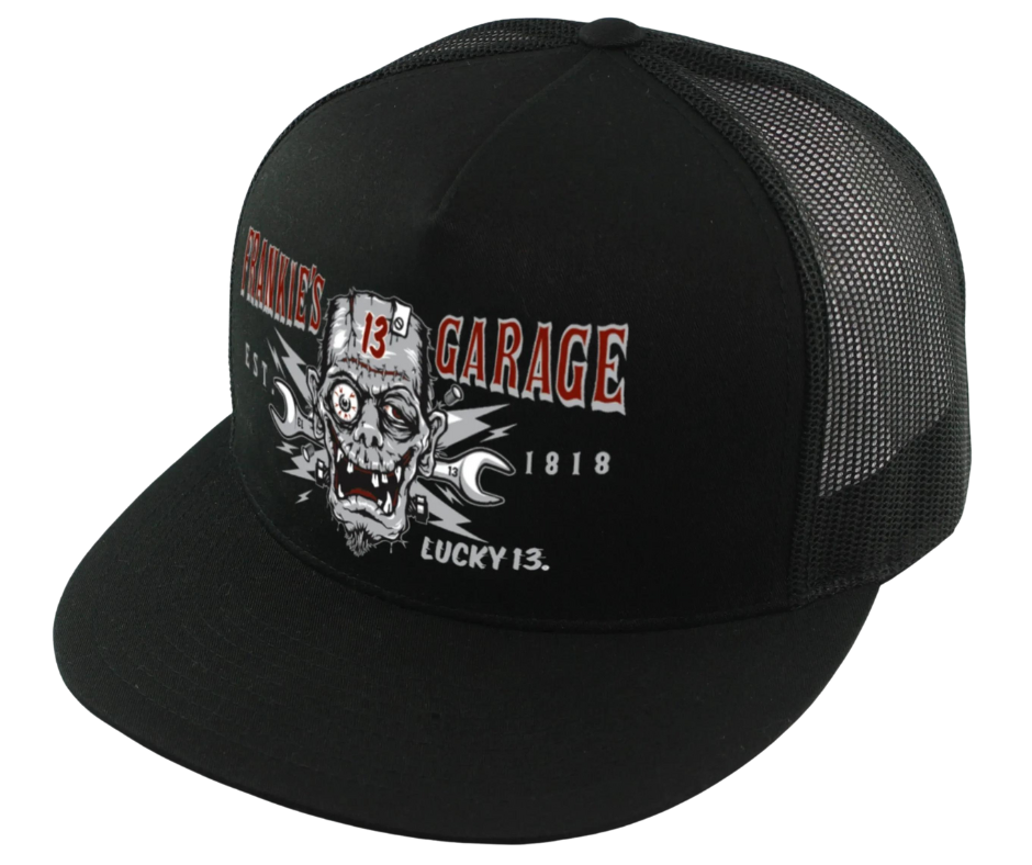 The Lucky 13 Frankie's Garage solid poplin-mesh snapback trucker cap has the retro racing-inspired "Frankie Head" graphic on front and a "Lightning Bolt 13" embroidered on the back left side. There is an adjustable strap to assist in helping this hat fit almost any size head. Come and and get'em at our Smyrna, TN shop a short ride outside Nashville.