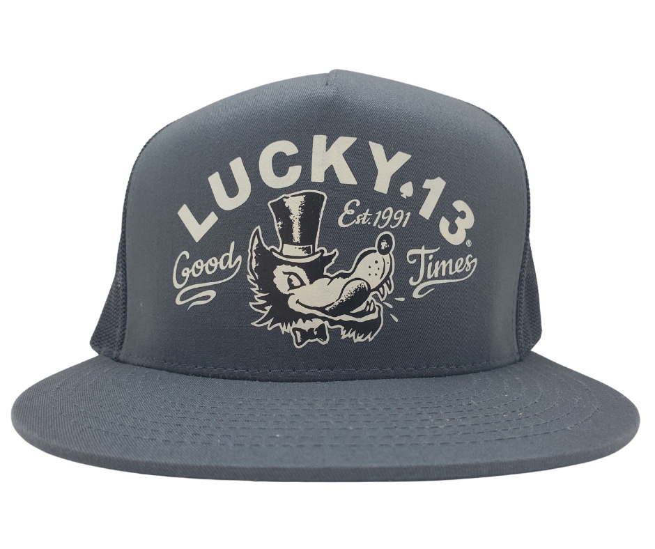 The Lucky 13 Mr. Wolf snapback trucker cap has the "Vintage" screen printed graphic on front and a "13" embroidered on the back left side. Twill front/Mesh back. There is an adjustable snap back to assist in helping this hat fit almost any size head. Come and and get'em at our Smyrna, TN shop a short ride outside Nashville.

COLOR: BLACK