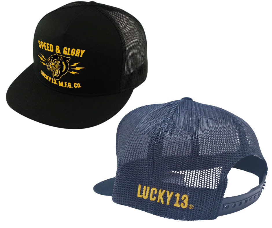 The Lucky 13 Panther Head Speed and Glory snapback trucker cap has the Yellow "Panther" graphic on front and a "13" embroidered on the back left side. Front is Twill back is Mesh. There is an adjustable snap back to assist in helping this hat fit almost any size head. Come and and get'em at our Smyrna, TN shop a short ride outside Nashville.

COLOR: BLACK