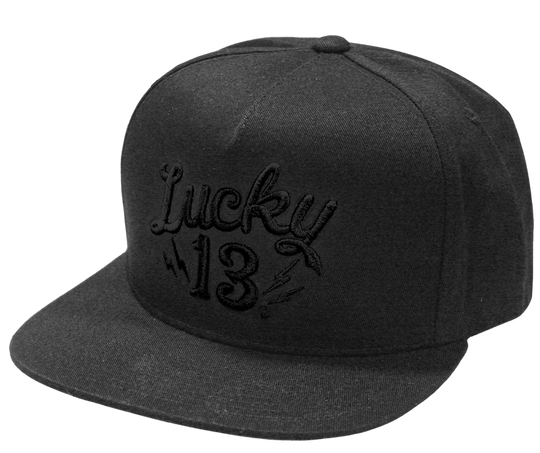 The Lucky 13 Shocker solid twill snapback trucker cap has the vintage-inspired "Lucky 13" graphic on front and a "Lightning Bolt 13" embroidered on the back left side. There is an adjustable snap back to assist in helping this hat fit almost any size head. Come and and get'em at our Smyrna, TN shop a short ride outside Nashville.

COLOR: BLACK