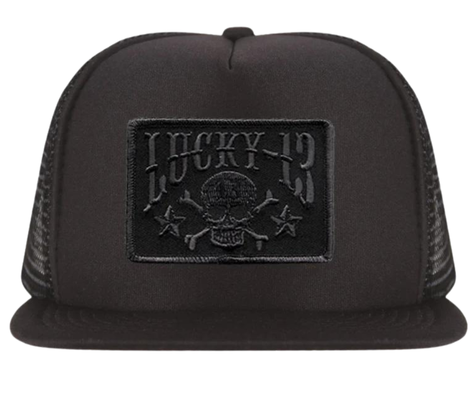 The Lucky 13 Skull and Stars snapback trucker cap has the Yellow "Skull and Stars" graphic on front and a "Lighting Bolt 13" embroidered on the back left side. Front is Foam back is Mesh. There is an adjustable snap back to assist in helping this hat fit almost any size head. Come and and get'em at our Smyrna, TN shop a short ride outside Nashville.

COLOR: BLACK