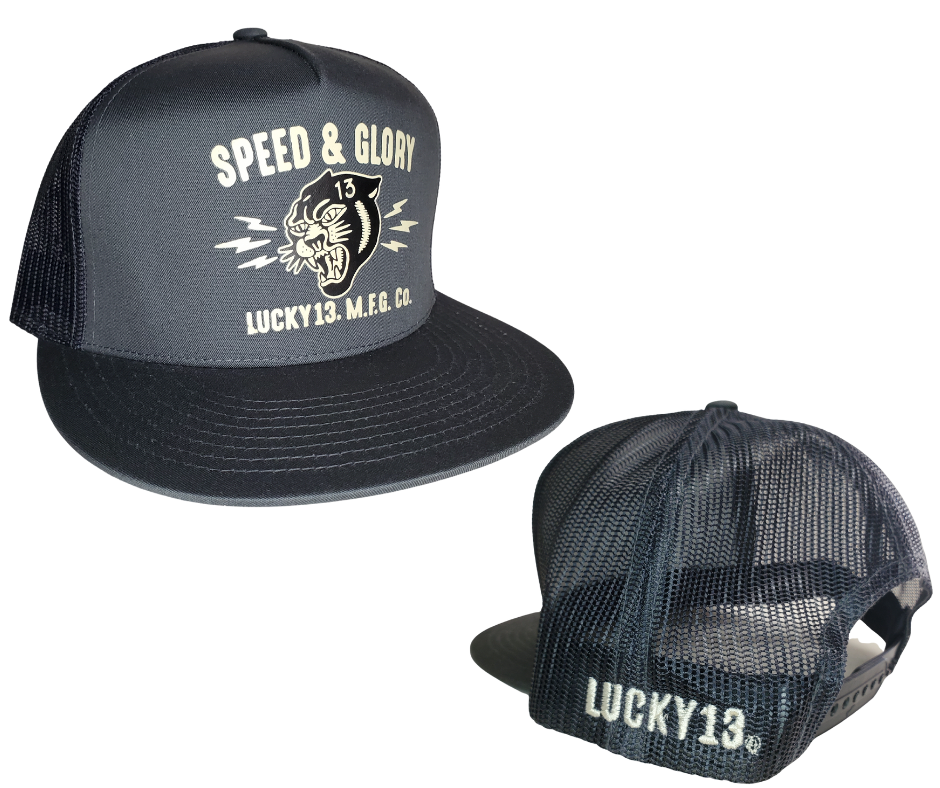 The Lucky 13 The PANTHER HEAD solid poplin-mesh snapback trucker cap has the retro racing-inspired "Panther Head" graphic on front and a "Lucky 13" embroidered on the back left side. There is an adjustable strap to assist in helping this hat fit almost any size head. Come and and get'em at our Smyrna, TN shop a short ride outside Nashville.