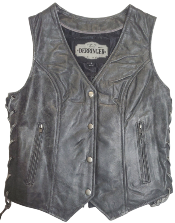 Distressed Grey ladies leather side laced motorcycle riding vest.&nbsp; Made from lighter weight Lambskin and contains conceal carry pockets on front insides. It has a 3 panel pack and snap front closure. It has a v-neck opening and a V-slot on the lower back for a better fit. Available for purchase in our leather shop in Smyrna, TN, near Nashville.&nbsp; Available in sizes small to 5x.