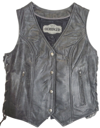 Distressed Grey ladies leather side laced motorcycle riding vest.&nbsp; Made from lighter weight Lambskin and contains conceal carry pockets on front insides. It has a 3 panel pack and snap front closure. It has a v-neck opening and a V-slot on the lower back for a better fit. Available for purchase in our leather shop in Smyrna, TN, near Nashville.&nbsp; Available in sizes small to 5x.