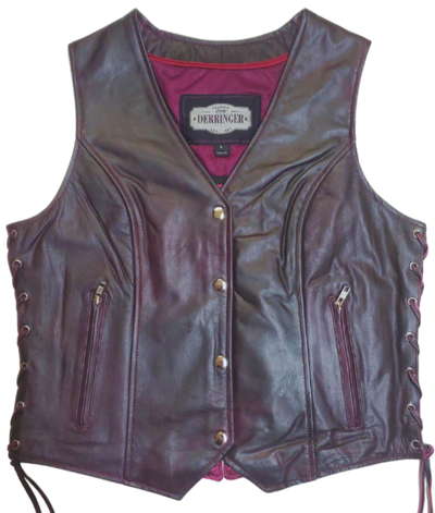 This ladies' vest features a soft purple color, V-neck design, and lace detailing on the sides for a casual and comfortable look. Made from lightweight Lambskin. The 3 panel pack and snap front closure add to the practicality of this vest. Not to mention, the V-notch on the lower back ensures a perfect fit. Visit our leather shop in Smyrna, TN, near Nashville, and choose from sizes small to 5x.