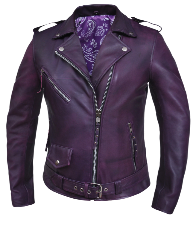 This timeless Original Motorcycle Style Jacket has been popular for over 100 years and is still a classic choice. Made with soft and supple Deep Purple Lamb skin and featuring a Paisley lining, as well as antique silver hardware, this jacket is both stylish and durable. It also includes 3 outside pockets and 2 inside pockets for convenience. Stocked at our Smyrna, TN store outside of Nashville.&nbsp;