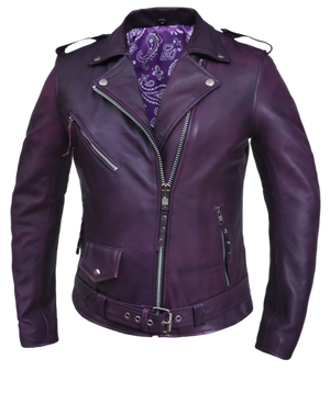 This timeless Original Motorcycle Style Jacket has been popular for over 100 years and is still a classic choice. Made with soft and supple Deep Purple Lamb skin and featuring a Paisley lining, as well as antique silver hardware, this jacket is both stylish and durable. It also includes 3 outside pockets and 2 inside pockets for convenience. Stocked at our Smyrna, TN store outside of Nashville.&nbsp;