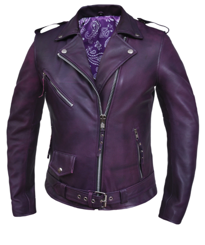 This timeless Original Motorcycle Style Jacket has been popular for over 100 years and is still a classic choice. Made with soft and supple Deep Purple Lamb skin and featuring a Paisley lining, as well as antique silver hardware, this jacket is both stylish and durable. It also includes 3 outside pockets and 2 inside pockets for convenience. Stocked at our Smyrna, TN store outside of Nashville.&nbsp;