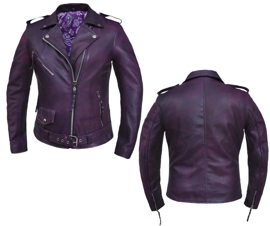 This timeless Original Motorcycle Style Jacket has been popular for over 100 years and is still a classic choice. Made with soft and supple Deep Purple Lamb skin and featuring a Paisley lining, as well as antique silver hardware, this jacket is both stylish and durable. It also includes 3 outside pockets and 2 inside pockets for convenience. Stocked at our Smyrna, TN store outside of Nashville.&nbsp;