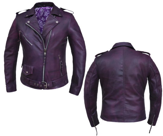 This timeless Original Motorcycle Style Jacket has been popular for over 100 years and is still a classic choice. Made with soft and supple Deep Purple Lamb skin and featuring a Paisley lining, as well as antique silver hardware, this jacket is both stylish and durable. It also includes 3 outside pockets and 2 inside pockets for convenience. Stocked at our Smyrna, TN store outside of Nashville.&nbsp;