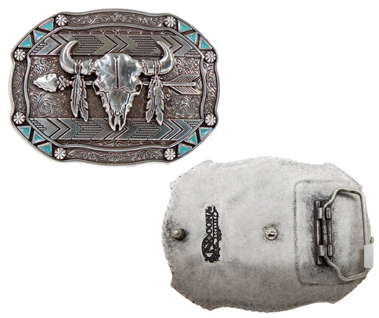 This belt buckle takes inspiration from the Lakota people, known for their buffalo hunting practices. It features an oval shape with small turquoise triangles and berry shapes along the border. In antique silver, it showcases a buffalo skull, feathers, and an arrow in the center. Measuring approximately 3" tall by 4" wide, it can fit belts up to 1 1/2" wide. You can find it in our retail shop in Smyrna, TN, near Nashville, or on our online store.