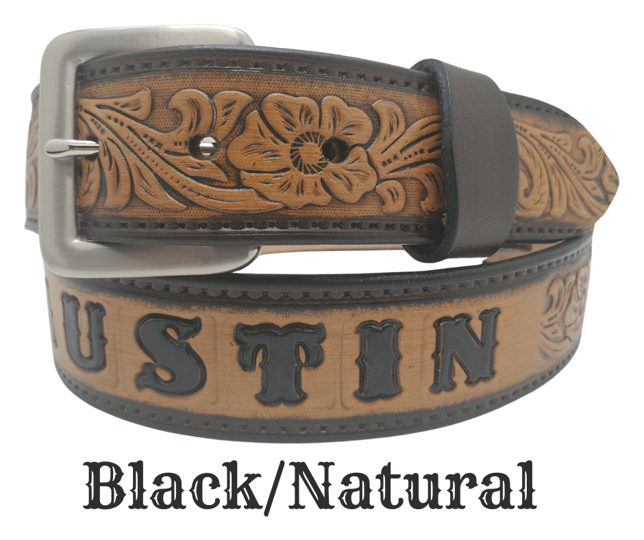 Unleash your western inner self with The "Lariat" Name Belt. Each belt features a unique hand-stained strip of vegetable tanned leather, adorned with a bold and timeless Western Floral pattern. The antique nickel finish solid brass buckle can be effortlessly swapped out. Crafted by hand at our Smyrna, Tennessee shop, just a stone's throw away from Nashville.