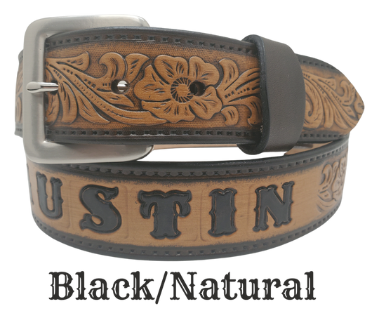 Unleash your western inner self with The "Lariat" Name Belt. Each belt features a unique hand-stained strip of vegetable tanned leather, adorned with a bold and timeless Western Floral pattern. The antique nickel finish solid brass buckle can be effortlessly swapped out. Crafted by hand at our Smyrna, Tennessee shop, just a stone's throw away from Nashville.