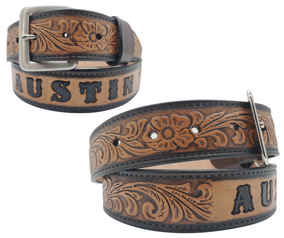 Unleash your western inner self with The "Lariat" Name Belt. Each belt features a unique hand-stained strip of vegetable tanned leather, adorned with a bold and timeless Western Floral pattern. The antique nickel finish solid brass buckle can be effortlessly swapped out. Crafted by hand at our Smyrna, Tennessee shop, just a stone's throw away from Nashville.