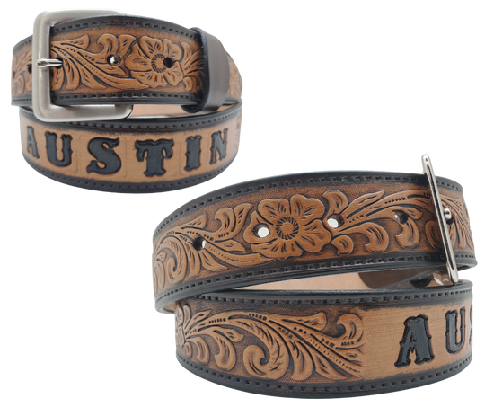 Unleash your western inner self with The "Lariat" Name Belt. Each belt features a unique hand-stained strip of vegetable tanned leather, adorned with a bold and timeless Western Floral pattern. The antique nickel finish solid brass buckle can be effortlessly swapped out. Crafted by hand at our Smyrna, Tennessee shop, just a stone's throw away from Nashville.